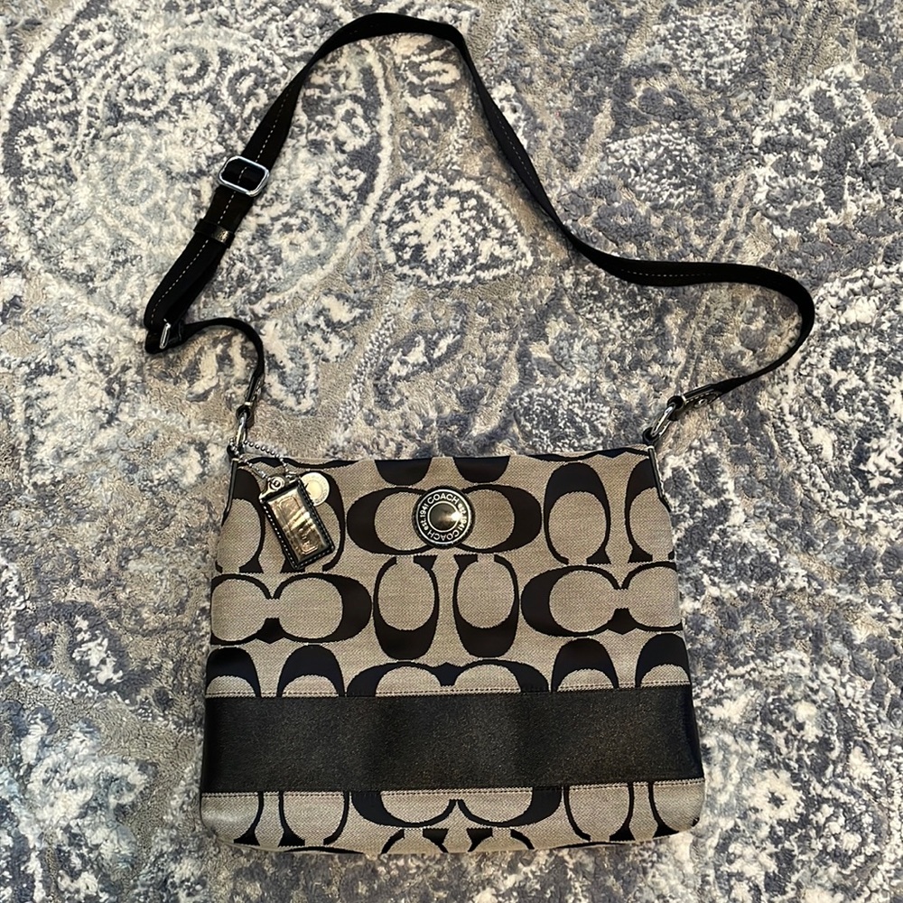 Coach Signature Stripe File Bag Gray/Black Crossbody